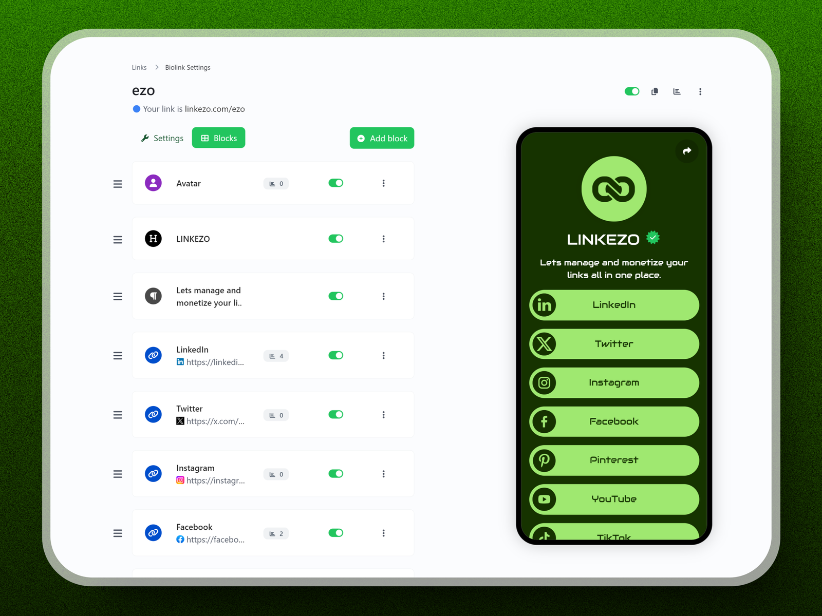 Screenshot of the app biolink editing page