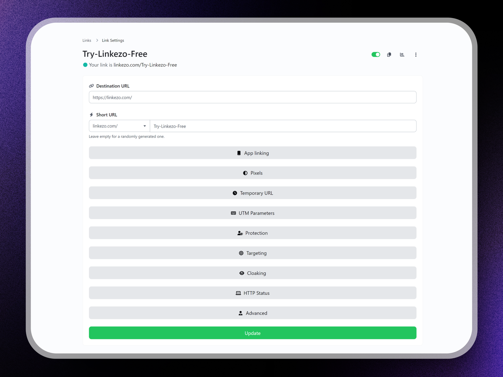 Screenshot of the app short URL editing page