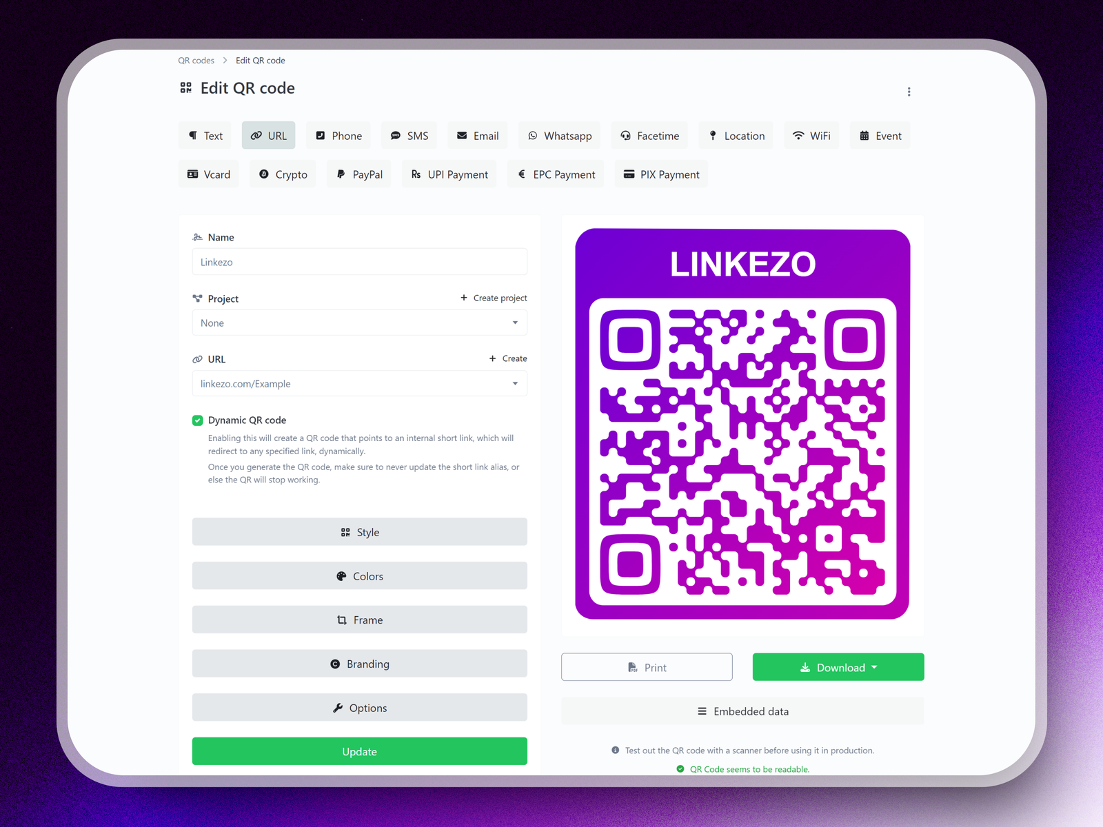 Screenshot of the app QR code system page